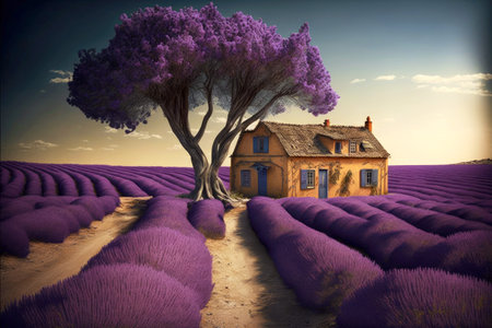 large tree perd houses near path on lavanda fieldの写真素材