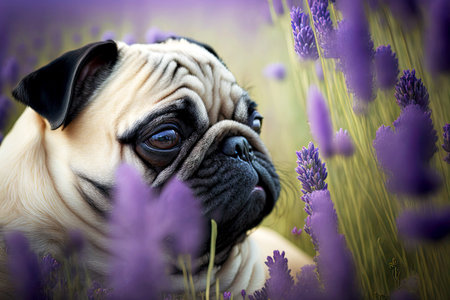 portrait of sad waiting pug in lavender flowers on lavanda fieldの写真素材