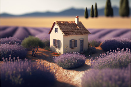 small house in floor next to lavanda fieldの写真素材