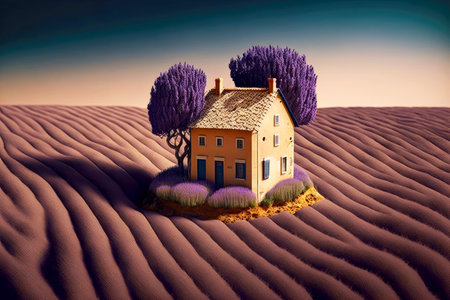 small house in floor next to lavanda fieldの写真素材