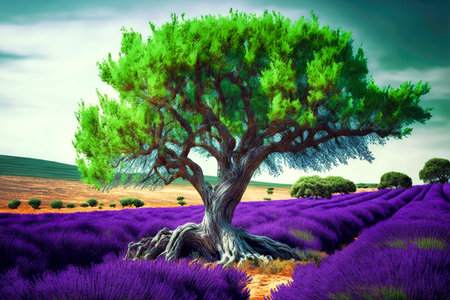large green tree at very beginning of lavanda fieldの写真素材
