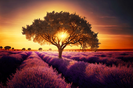 large tree in rays of setting sun in field of blooming lavandaの写真素材