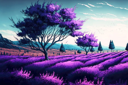 picture of summer landscape with purple lavanda field and trees in themの写真素材