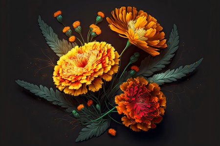 beaful marigold flowers with different petals on dark background