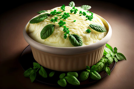 tender mashed potatoes whied with cream and butter and decorated with greensの写真素材