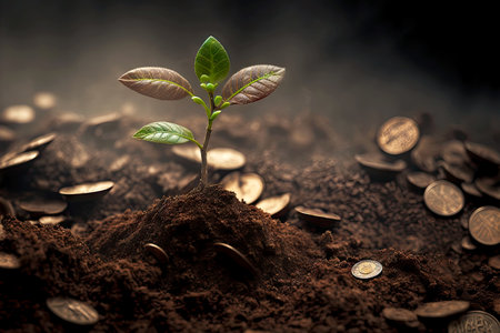 small sprout of money tree in soil with coinsの写真素材