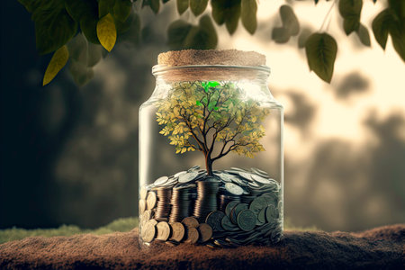 saving coins and banknotes in gl jar on table with growing money treeの写真素材