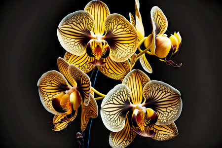 yellow striped flowers of phalaenopsis orchid on black background