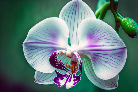 white with purple veins petals of orchid flowers on blurred green backgroundの写真素材
