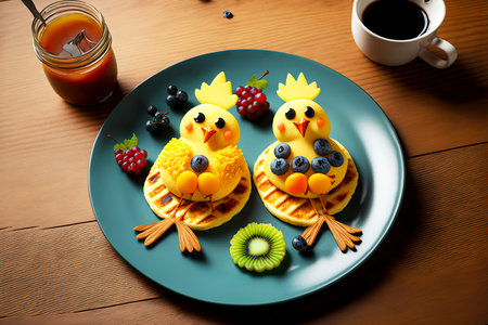 pancakes with fruit in form of cute chicken figurines on plateの写真素材