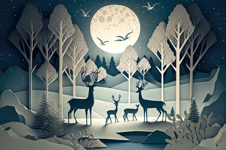 paper winter landscape deer animals and birds at night in forestの写真素材