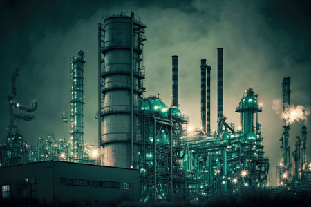 night view of working petrochemical industry factory with illuminated lights
