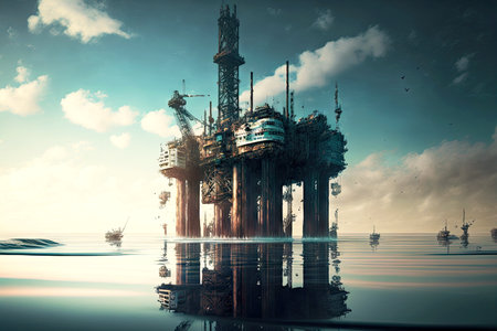 large petrochemical industry oil rig standing in middle of water on stiltsの写真素材