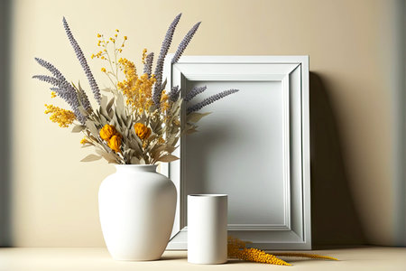 installation with picture frame mockup in white with vase with dried flowers