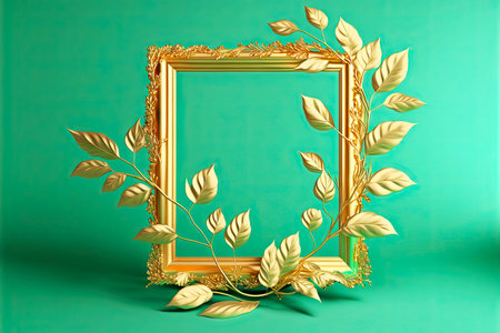 beaful golden picture frame mockup decorated with branches and leaves on bright green background
