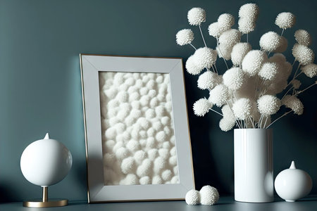 snow-white installation with white fluffy flowers and picture frame mockup