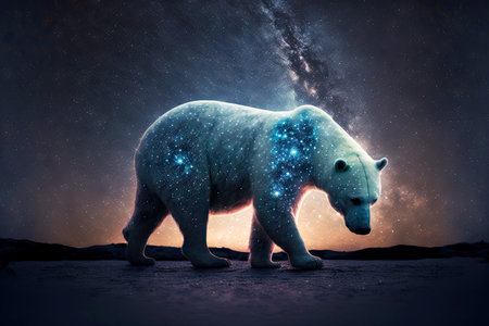 picture polar bear walking through snow constellation nightの写真素材
