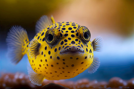 bright yellow speckled puffer fish with black eyesの写真素材