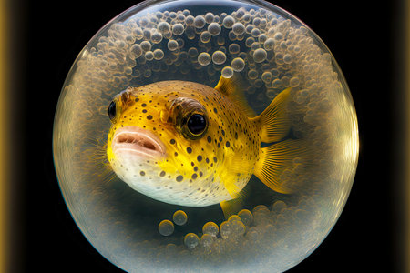 yellow pot-bellied puffer fish in transparent bubble under waterの写真素材