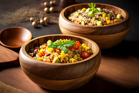 wooden bowls with healthy quinoa salad for healthy lunchの写真素材