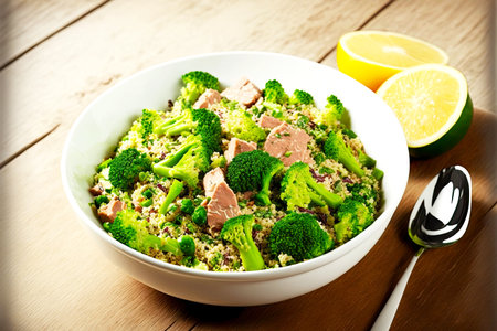 delicious quinoa salad with broccoli and tuna slicesの写真素材