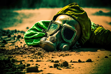 gas mask lying on ground during radiation hazardの写真素材