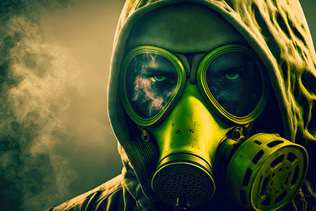 close-up of man in gas mask with threat of radiation hazard