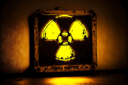 yellow-lit black sign as radiation hazard symbolの写真素材