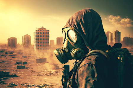 man in gas mask stands against backdrop of ruined city with radiation hazard