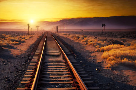 empty railroad in plain rails and sleepers against backdrop of sunset railway transportの写真素材