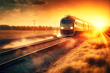railway transport rushing along rails forward against background of setting sun