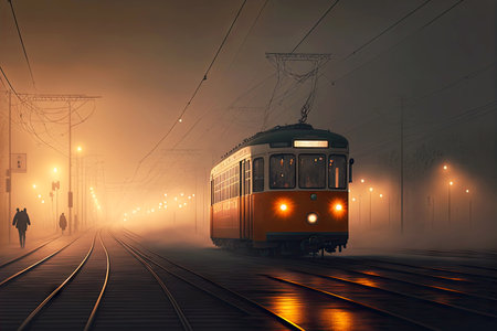 tram train going in evening in fog on railway transport tracks
