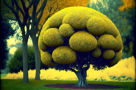 autumn topiary tree with yellowing foliage in park