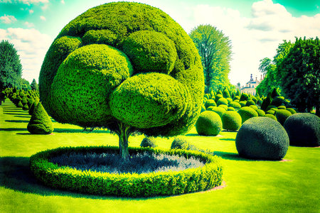 bright green shrubs and topiary tree in park