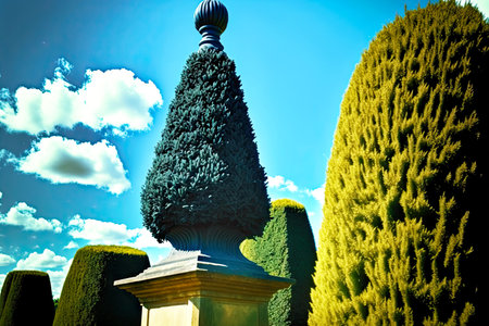 garden plot boxwood cypress topiary tree against blue sky