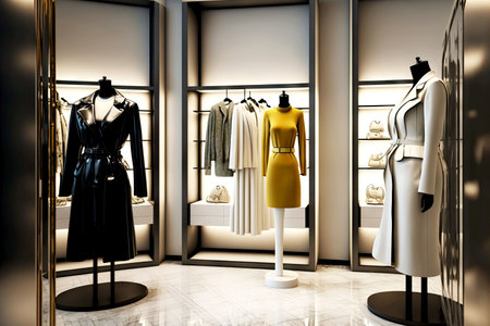 fashionable clothes of designer brands in shop interiorの写真素材