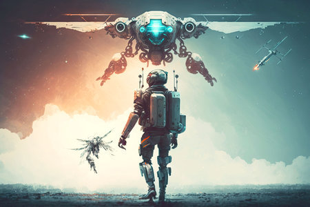 futuristic image of robot and human in space with drones and contemporary technology concept,...