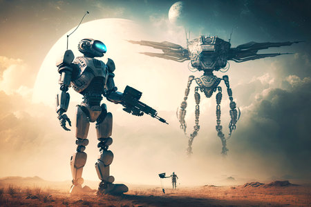 futuristic image of robot and human in space with drones and contemporary technology concept,...