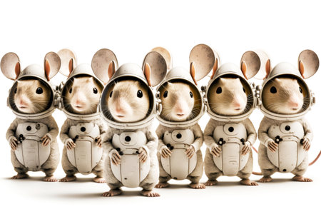 group of large cosmonaut mice stands in row on white background, generative ai