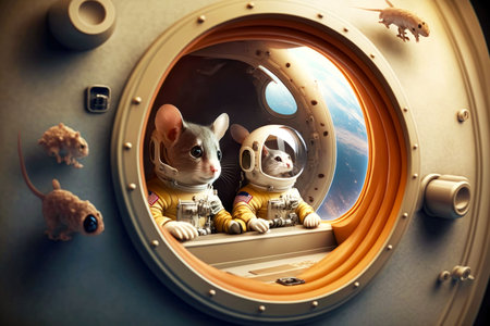 cosmonaut mice in spacesuit on spaceship through porthole, generative ai