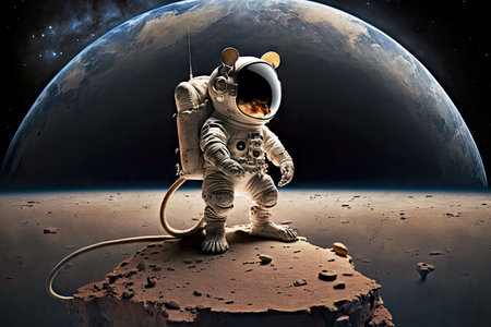 cosmonaut mice in helmet stands on platform and observes earth, generative aiの写真素材