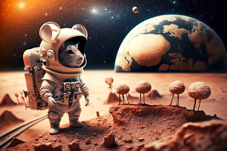 cosmonaut mice in helmet stands on platform and observes earth, generative ai