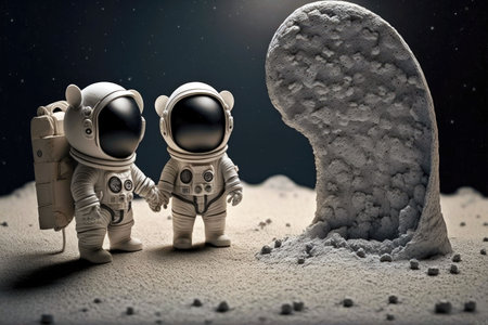 small black cosmonaut mice standing on foot on moon, generative ai