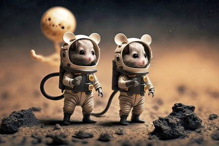 small black cosmonaut mice standing on foot on moon, generative aiの写真素材