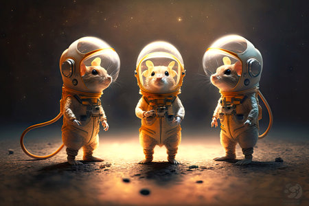 cosmonaut mice in space helmet and uniform standing on illuminated surface, generative aiの写真素材