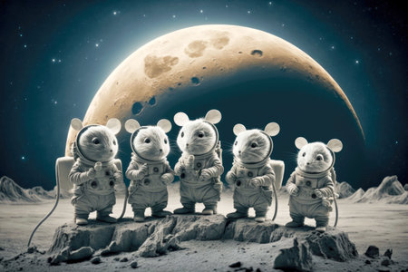 group of cosmonaut mice standing on moon against background of lunar mountains, generative ai