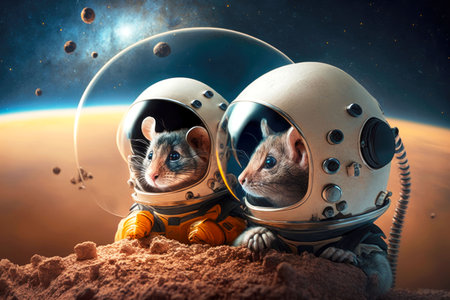 cosmonaut mice in space helmet against backdrop of planet and moon, generative aiの写真素材