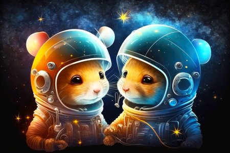 two cute cosmonaut mice in helmets against background of stars and celestial bodies, generative ai