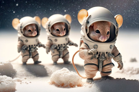 mice in spacesuit walking through snow cosmonaut mice, generative aiの写真素材