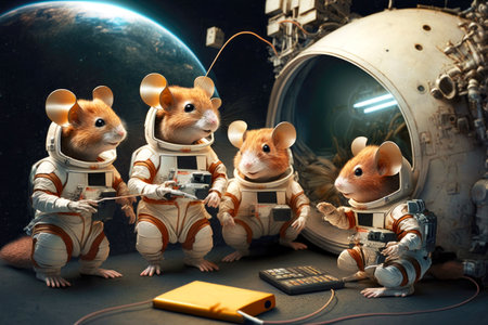 group of scientists and cosmonaut mice studies satellite in space, generative aiの写真素材